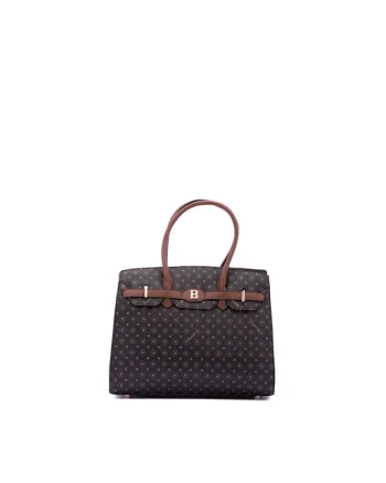 Geanta shopper din piele ecologica cu model logo, Negru/Maro
