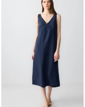 Rochie midi de in cu decolteu in V, Bleumarin