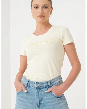 Tricou slim fit cu logo, Galben pal