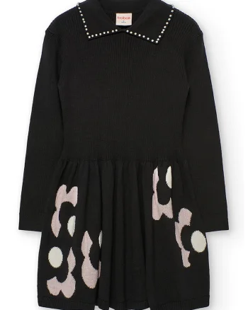 Rochie tricotata cu guler rotund, Alb fildes/Negru