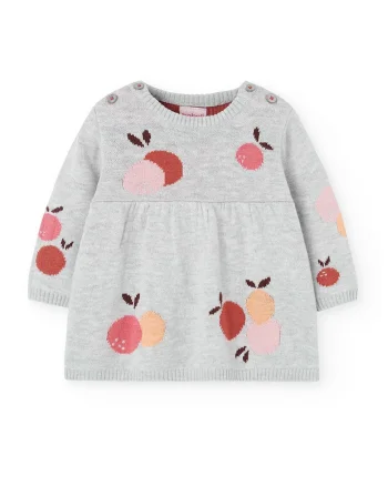 Rochie cu pliuri si model fructe, Rosu/Gri melange/Roz