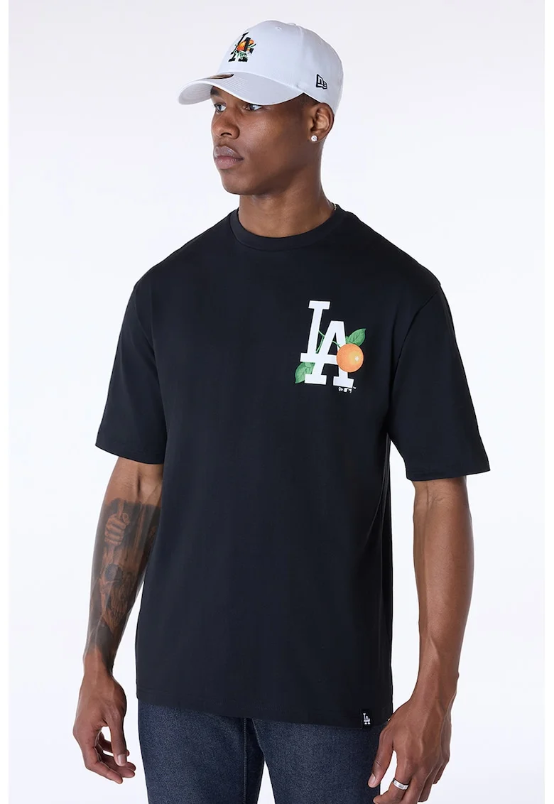 Tricou cu decolteu la baza gatului si imprimeu, Alb/Negru