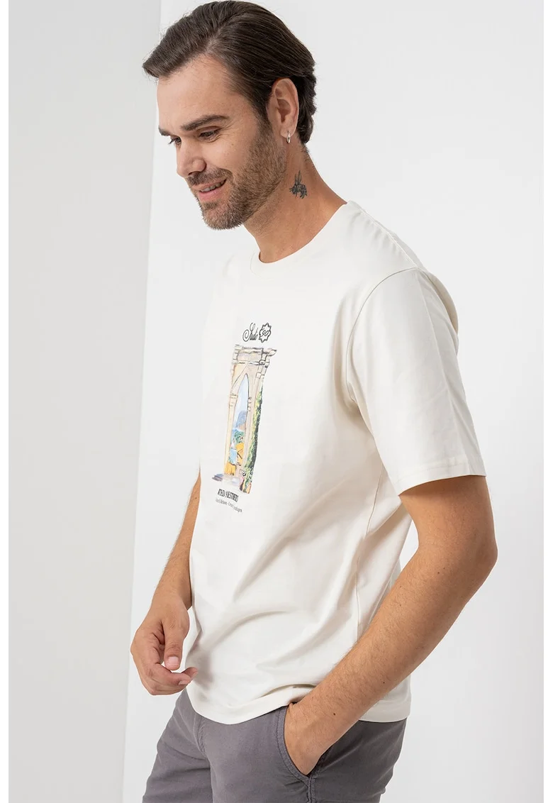 Tricou cu imprimeu grafic, Galben pal/Negru stins