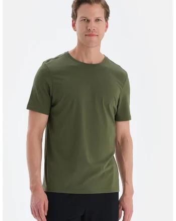 Tricou de bumbac cu decolteu la baza gatului, Kaki