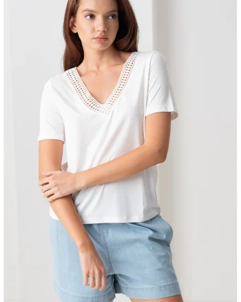 Tricou cu insertie crosetata Savannah, Alb murdar