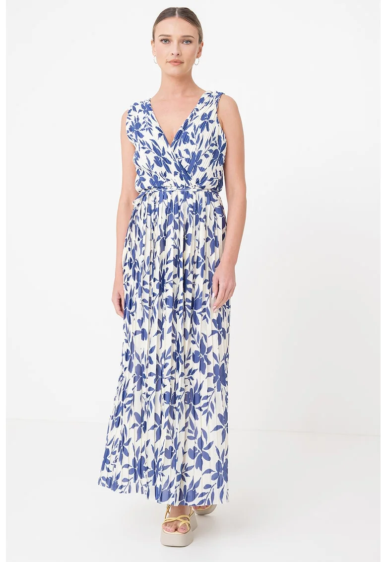 Rochie maxi plisata Elema, Albastru lavanda/Alb murdar