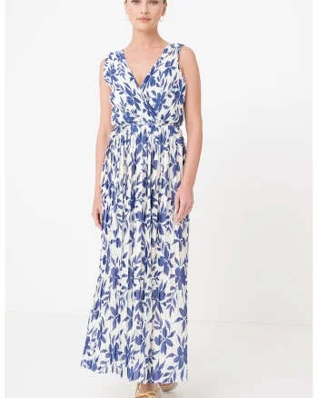 Rochie maxi plisata Elema, Albastru lavanda/Alb murdar
