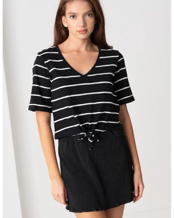 Bluza cu decolteu in V si model in dungi, Negru