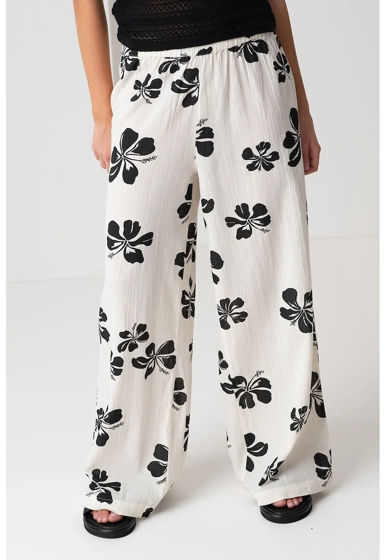 Pantaloni cu croiala dreapta si model floral, Negru/Alb murdar