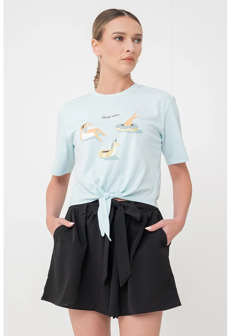 Tricou cu decolteu la baza gatului si detaliu cu imprimeu, Albastru aquamarin