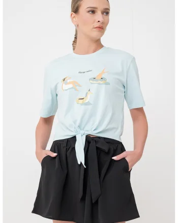 Tricou cu decolteu la baza gatului si detaliu cu imprimeu, Albastru aquamarin