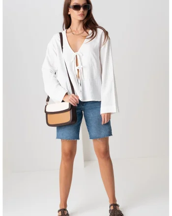 Bluza din bumbac organic cu decolteu in V si detaliu cu funda, Alb