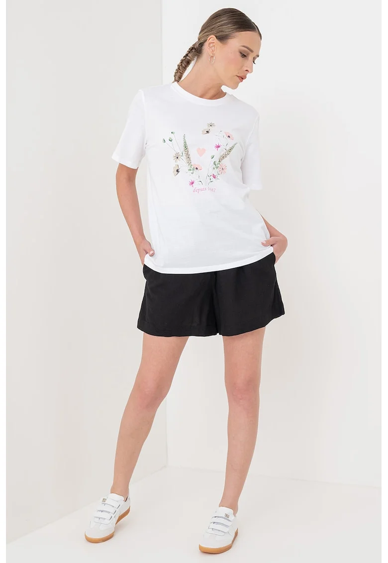 Tricou de bumbac organic cu decolteu la baza gatului, Alb/Verde/Roz