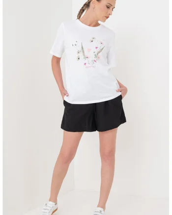 Tricou de bumbac organic cu decolteu la baza gatului, Alb/Verde/Roz