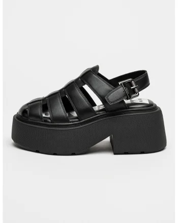 Sandale demi-wedge de piele ecologica uni, Negru