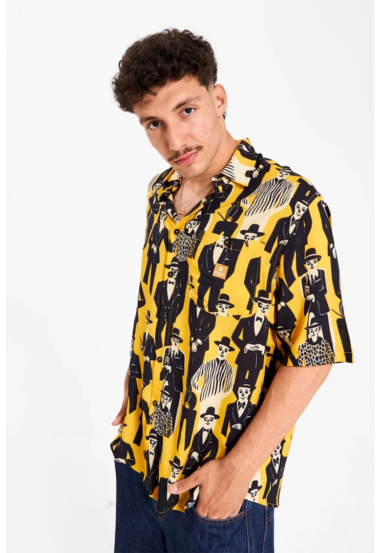 Camasa cu imprimeu grafic Unisex Society, Negru/Galben pai/Alb murdar