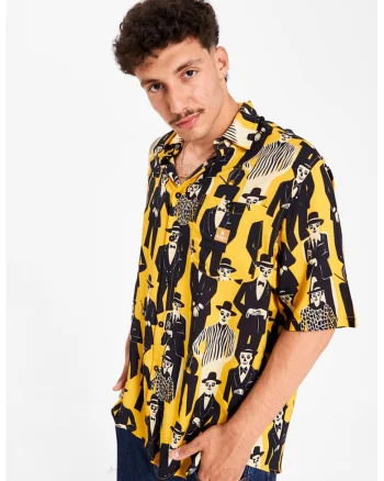 Camasa cu imprimeu grafic Unisex Society, Negru/Galben pai/Alb murdar