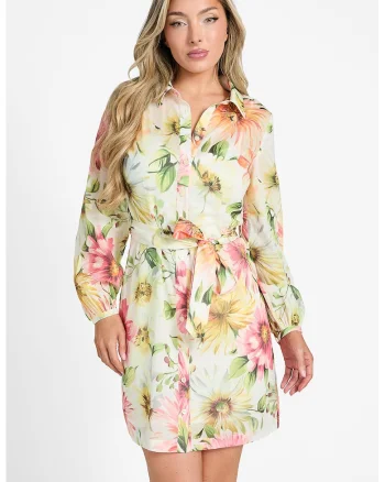 Rochie cu model floral si cordon in talie, Alb/Verde/Roz