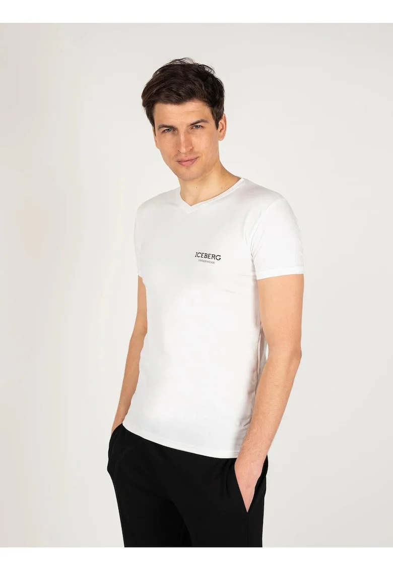 Tricou slim fit cu decolteu in V, Alb