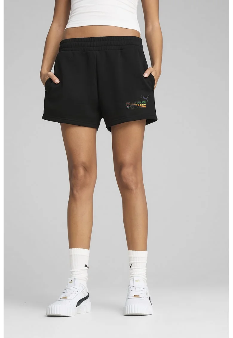 Pantaloni scurti cu talie elastica si logo, Negru