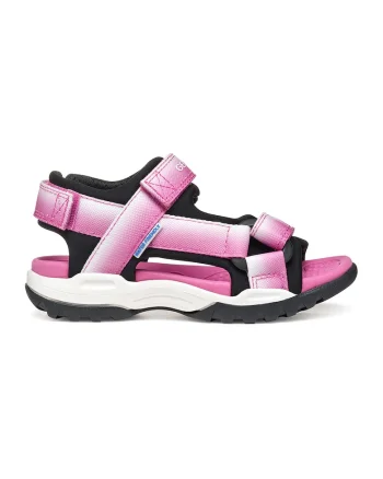 Sandale din material textil cu velcro, Alb/Negru/Roz
