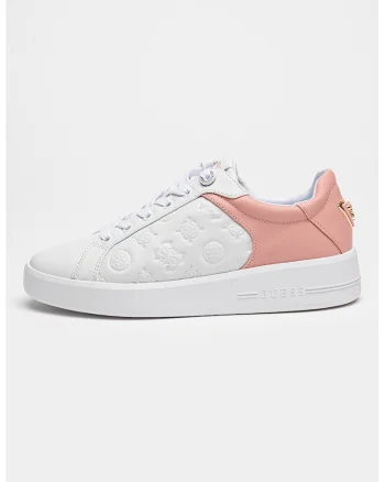 Pantofi sport din piele ecologica cu logo stantat, Alb/Roz prafuit