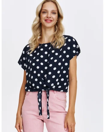 Bluza cu maneci scurte si buline, Alb optic/Bleumarin