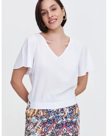 Bluza uni cu decolteu in V si aspect texturat, Alb optic