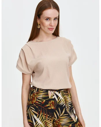Bluza cu maneci scurte si detalii plisate, Maro nisip