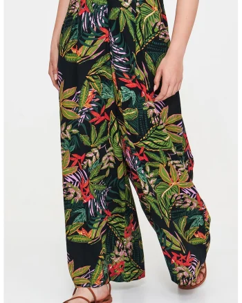 Pantaloni ampli cu design tropical, Negru/Verde deschis