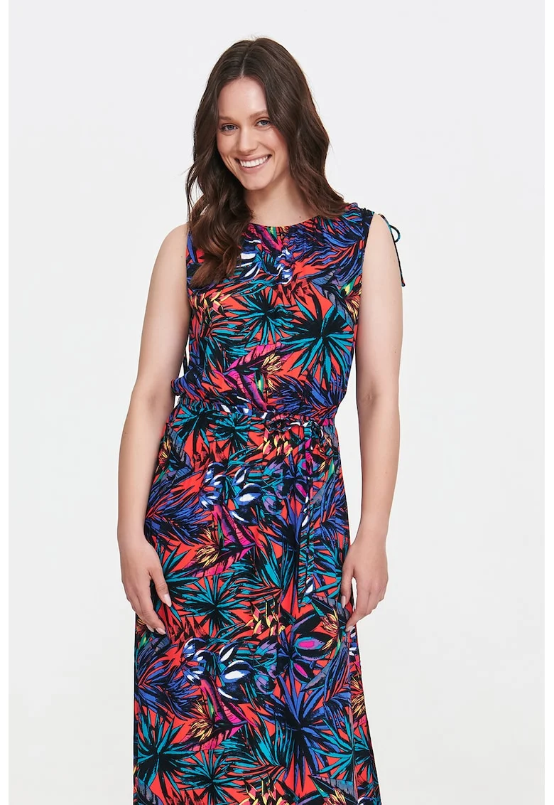 Rochie lunga cu imprimeu floral, Negru/Coral/Albastru deschis