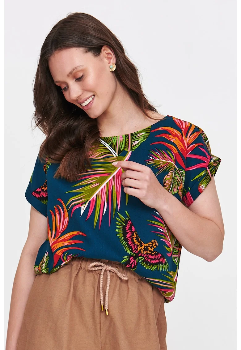 Bluza cu maneci scurte si model tropical, Albastru inchis/Verde deschis