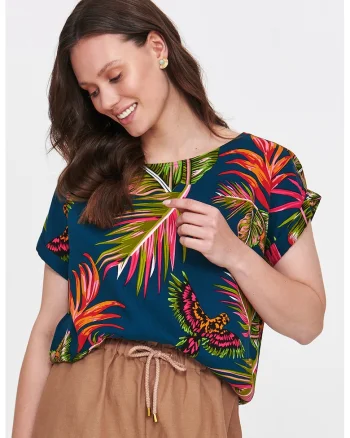 Bluza cu maneci scurte si model tropical, Albastru inchis/Verde deschis