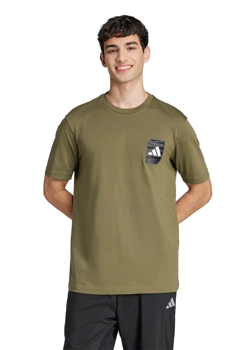 Tricou cu decolteu la baza gatului si logo aplicat, Alb/Negru/Kaki