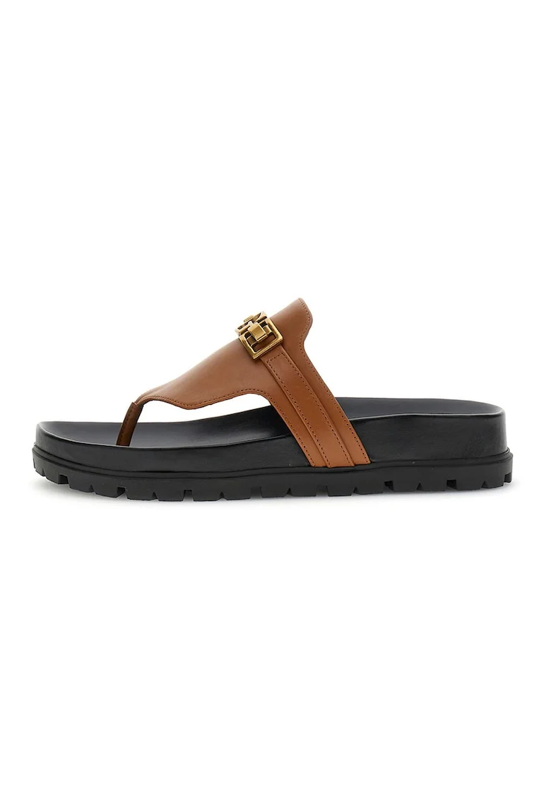 Papuci flip-flop din piele cu logo, Maro