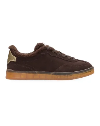 Pantofi sport low-cut de piele si lana, Auriu/Maro inchis
