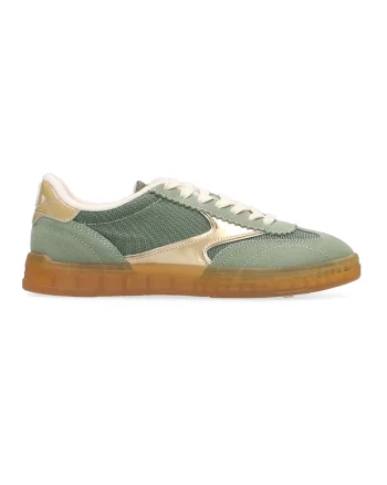 Pantofi sport cu talpa plata si garnituri de piele intoarsa, Auriu/Verde feriga