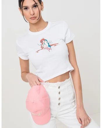 Tricou crop cu imprimeu logo frontal, Alb