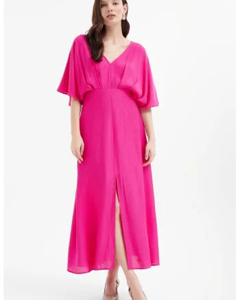 Rochie cu slit frontal si decolteu in V, Fucsia