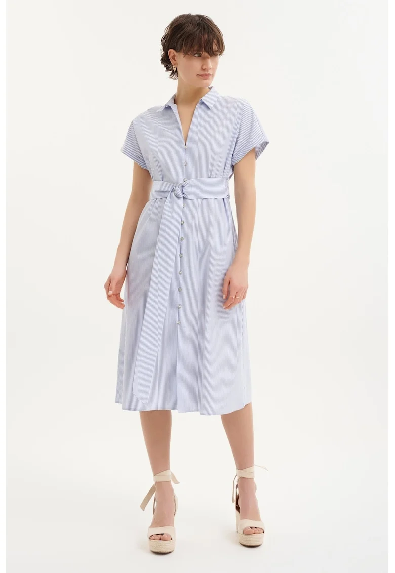 Rochie-camasa in dungi cu un cordon in talie, Albastru deschis