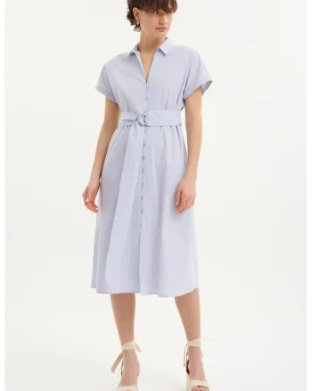 Rochie-camasa in dungi cu un cordon in talie, Albastru deschis