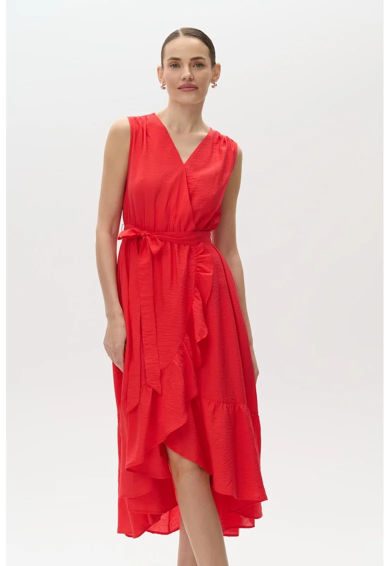 Rochie asimetrica cu volane si decolteu in V, Portocaliu mandarina