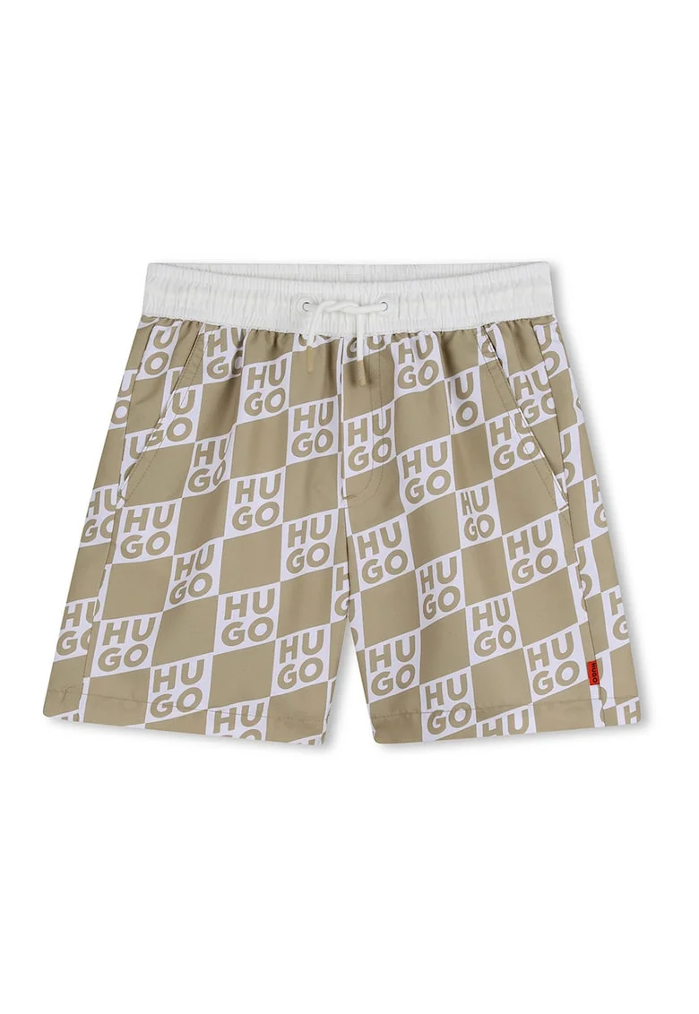 Pantaloni scurti de baie cu model logo, Alb/Maro camel