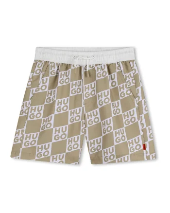 Pantaloni scurti de baie cu model logo, Alb/Maro camel