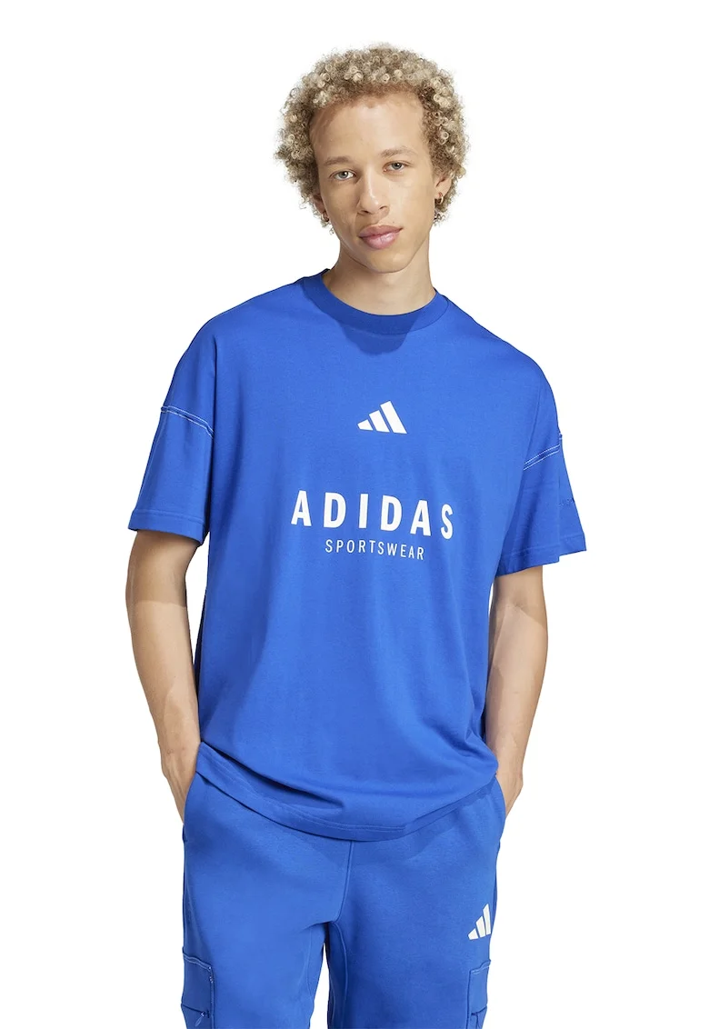 Tricou cu decolteu la baza gatului si imprimeu logo, Albastru royal