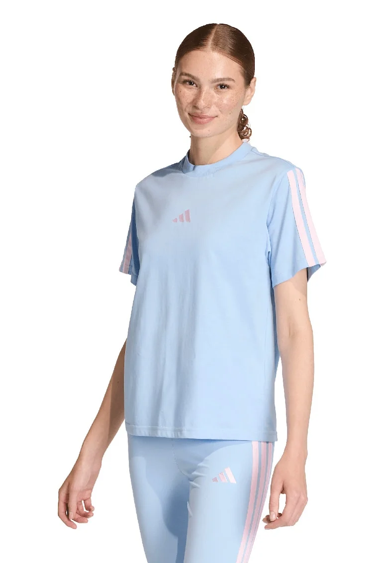 Tricou din bumbac cu decolteu la baza gatului, Roz deschis/Albastru glaciar