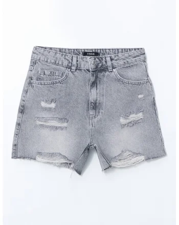 Blugi scurti slim fit cu aspect deteriorat, Gri deschis