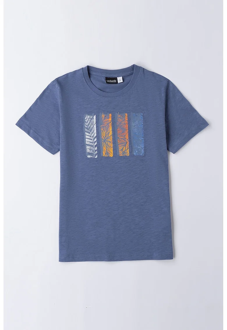 Tricou cu imprimeu grafic si decolteu la baza gatului, Albastru inchis/Portocaliu pal/Alb murdar