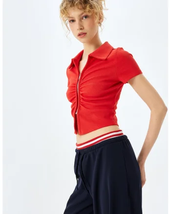Tricou crop cu fermoar si decolteu in V, Rosu