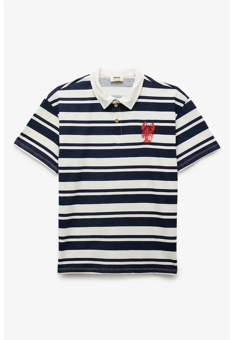 Tricou polo cu dungi si broderie, Alb/Negru
